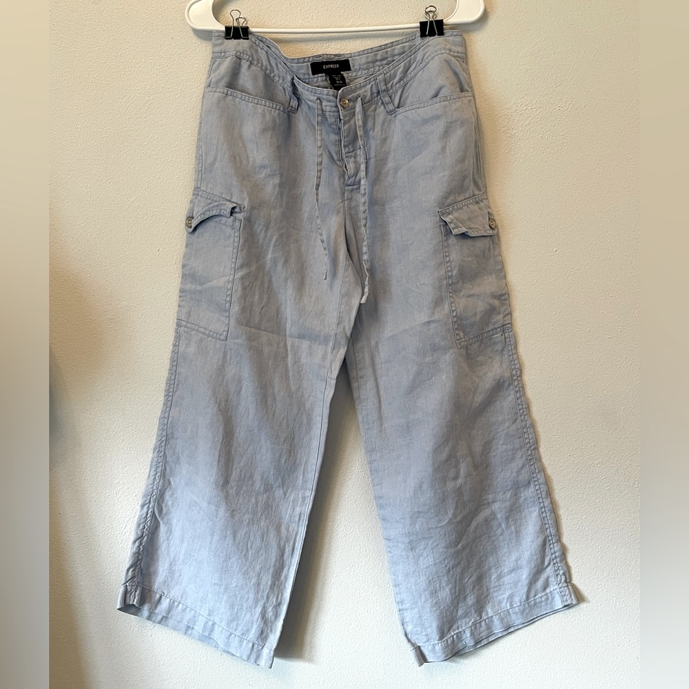Express 100% linen sky blue cropped wide leg capri drawstring pant size 6